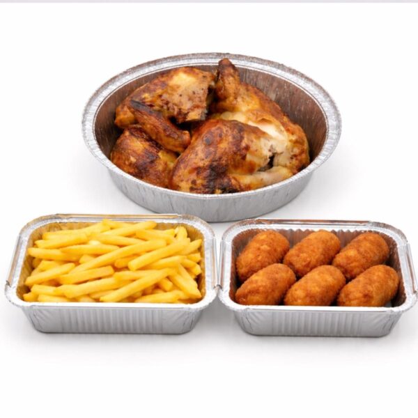 Pollo asado entero con patatas fritas y Croquetas (6ud)