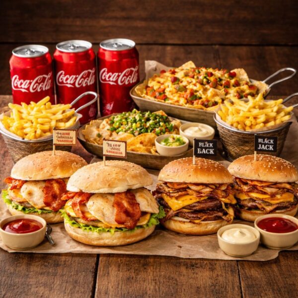 Packs Futbol 4 (4 hamburguesas + 4 patatas + 4 refrescos + nachos)