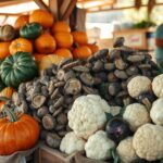 Verduras de temporada en octubre: calabaza, setas y coliflor