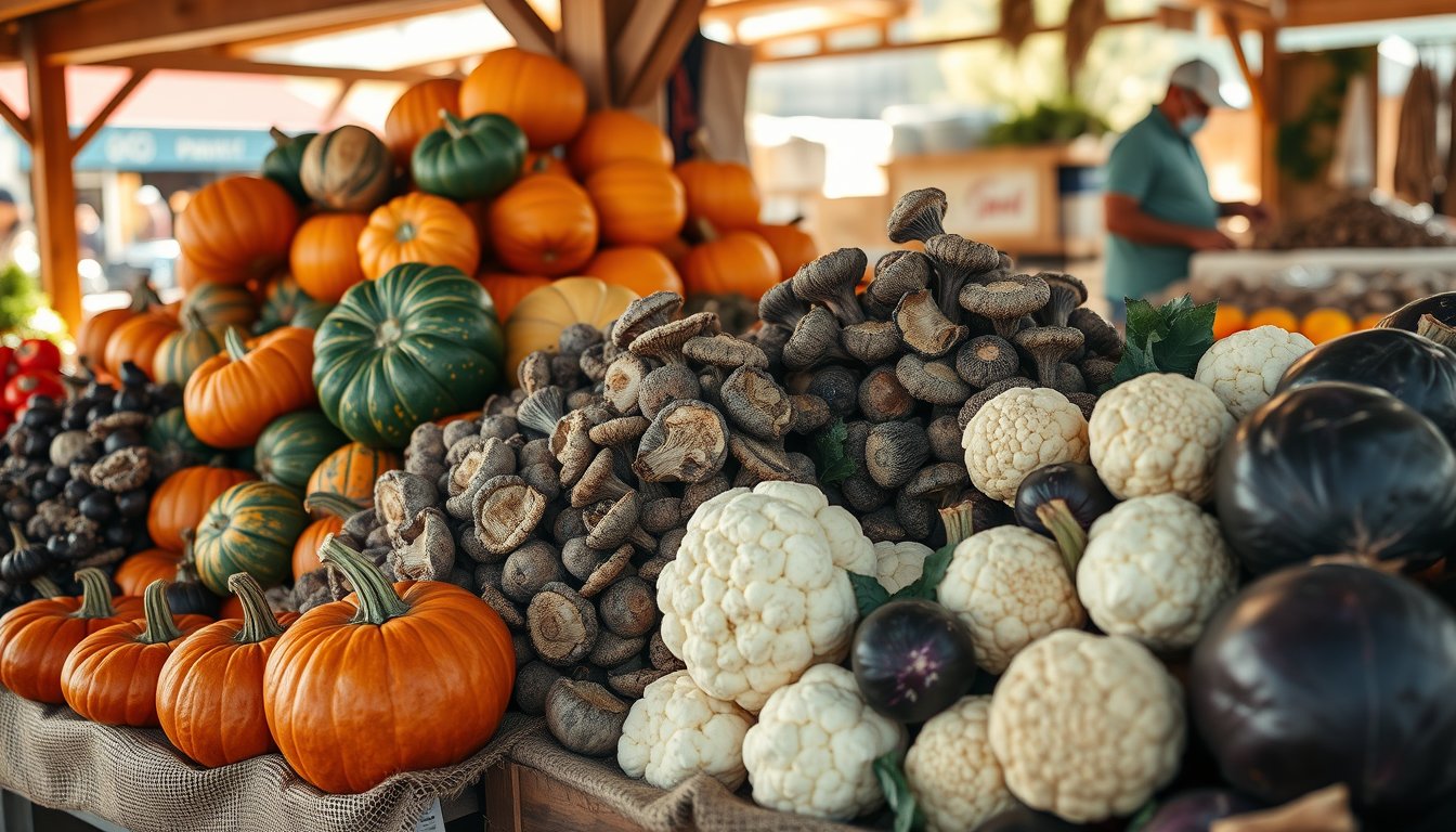Verduras de temporada en octubre: calabaza, setas y coliflor