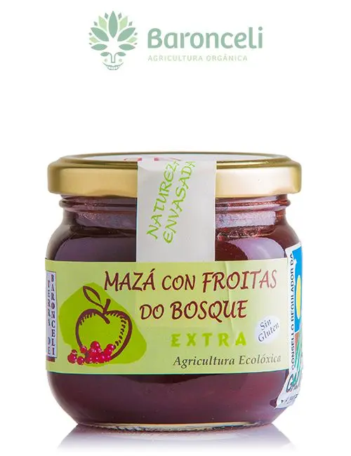 Compota de manzana ecológica con frutas del bosque Baronceli. 200 g.